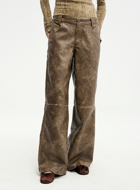 【特价】RURE 做旧风格水洗皮革擦色阔腿裤直筒裤女裤长裤