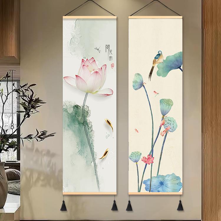 新中式水墨荷花装饰画划禅意走廊过道入户正对门布艺挂画划房间挂图片