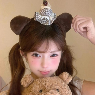 韩系可爱樱桃格纹小熊发箍女高颅顶头箍发饰日常外戴洗脸压发头饰