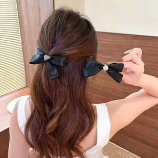黑色水钻爱心蝴蝶结发夹女半扎发后脑勺中号发卡发饰弹簧夹头饰