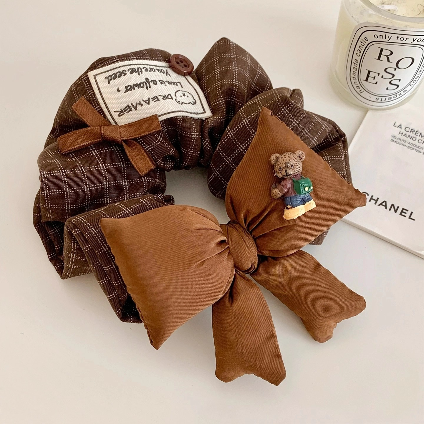 韩系咖色格子蝴蝶结大肠发圈女慵懒风扎头发超大号发饰头绳秋冬