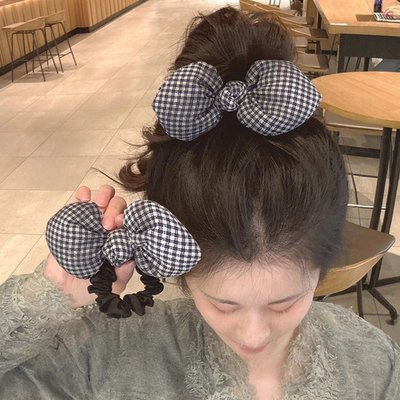 格纹蝴蝶结发圈女高级感蓝色系