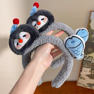 创意企鹅小鱼发箍可爱萌趣毛绒卡通头饰少女拍照洗脸发卡搞怪头箍