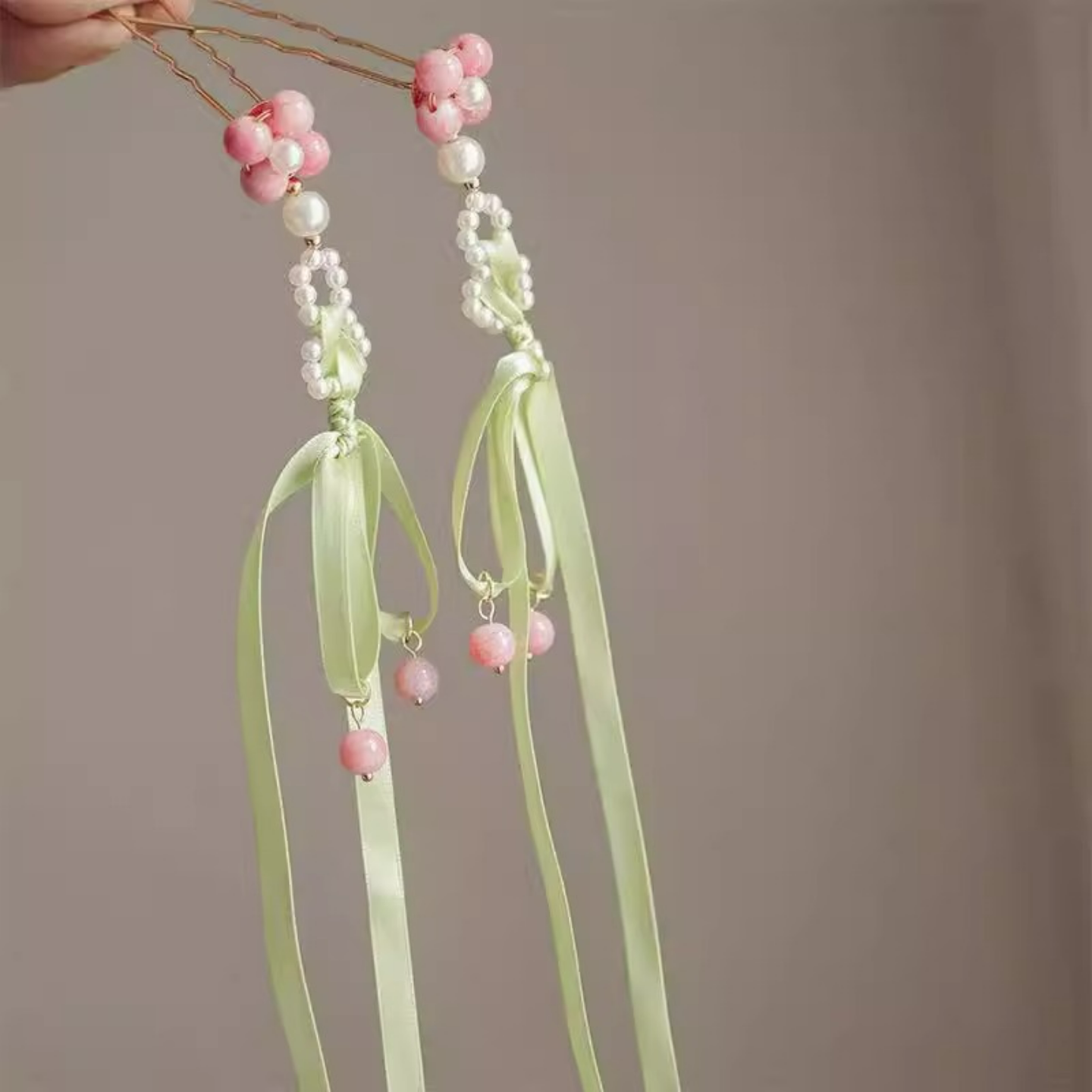 汉服古风花朵绿色飘带发夹