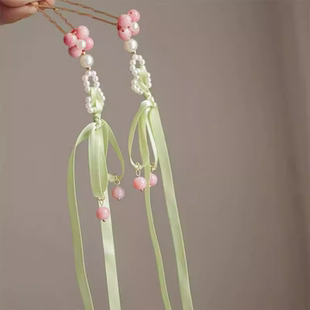 汉服古风花朵绿色飘带发夹发钗蝴蝶结古装流苏儿童头饰配饰新款