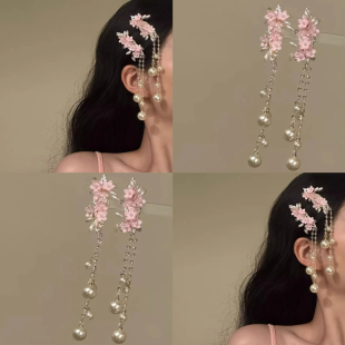 春日甜美粉色花朵防珍珠流苏发夹女款氛围感小众精致2025新款发饰