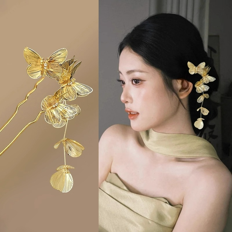 新中式流苏蝴蝶发簪女精致仙气U型发钗小众设计高级国风设计发饰