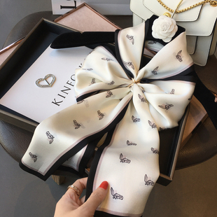 气质小香风黑白拼色丝巾字母印花丝带韩系高级法式秋冬氛围感围脖