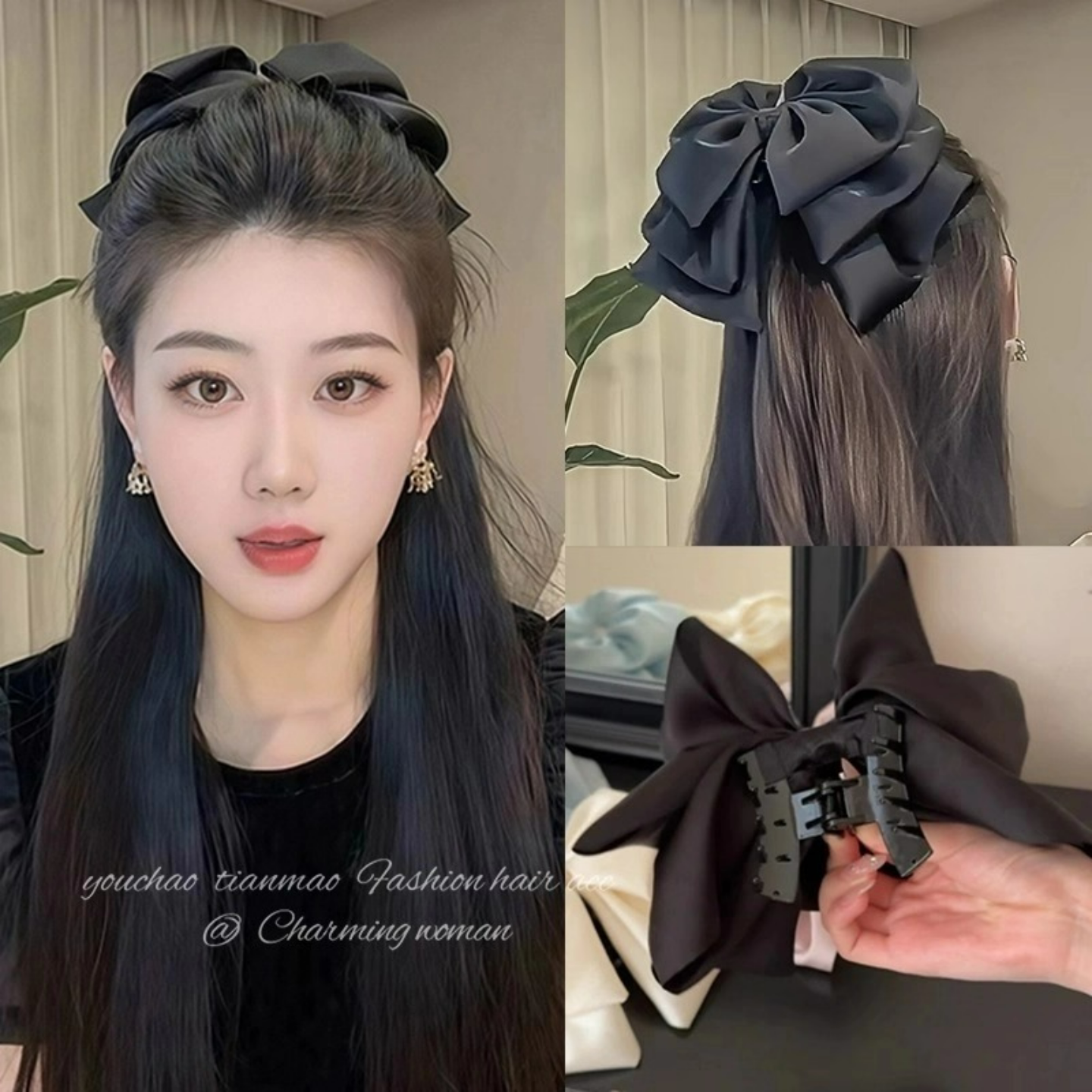 法式高级感黑色蝴蝶结大号抓夹
