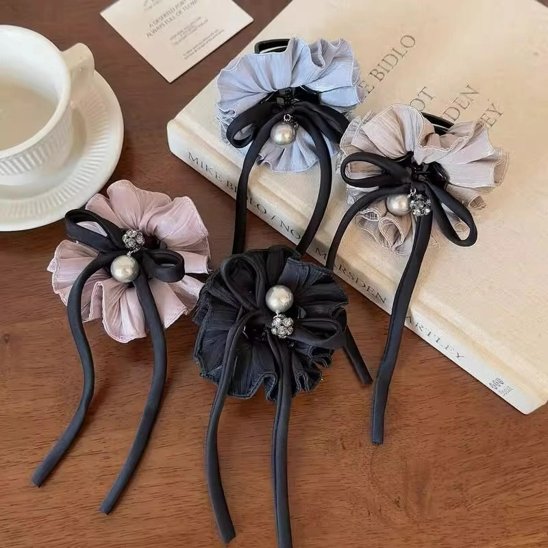 气质蓬蓬木耳边发圈马尾夹韩版甜美半扎发抓夹新款蝴蝶结丝带发夹