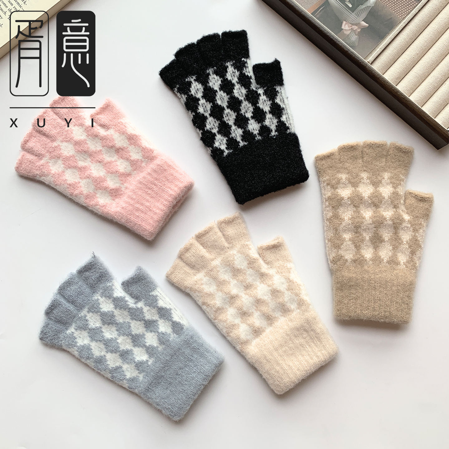 秋冬季针织格子半指手套加厚防寒
