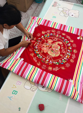 全棉纯棉花手工加厚婴儿抱被春秋新生儿宝宝红色结婚福垫坐垫定做