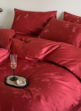 纯棉结婚床上用品四件套全棉婚庆大红色床单被套喜被新婚嫁房被罩