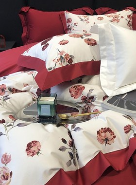 高档新婚庆100支长绒棉四件套红色玫瑰被套全棉纯棉结婚床上用品4