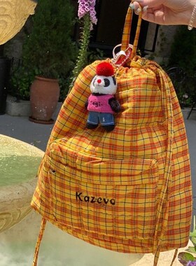 珍珠亚克力串珠双肩包2024新款百搭抽绳大容量小众复古格纹橙色包