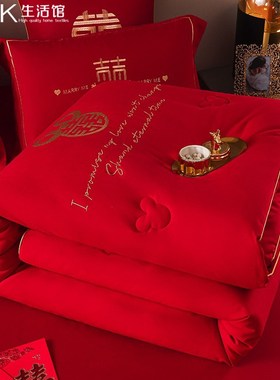高档大红色结婚陪嫁春秋被婚庆喜被加厚双人棉被子四季通用冬被芯