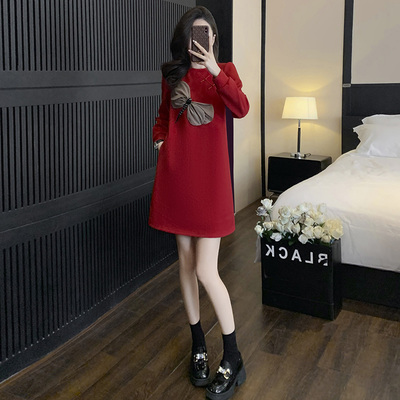 2024新年红色战袍高级感轻国风改良新中式加绒小个子内搭连衣裙女