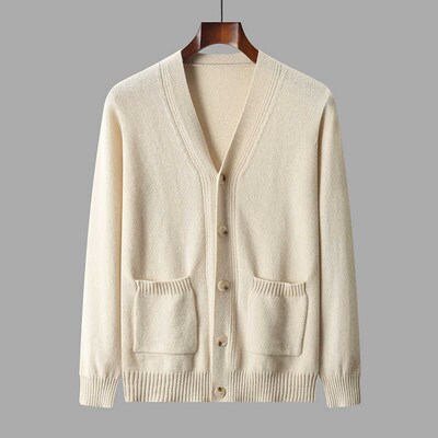 100纯山羊绒开衫男加厚V领长袖针织外套休闲羊毛2024秋冬新款保暖