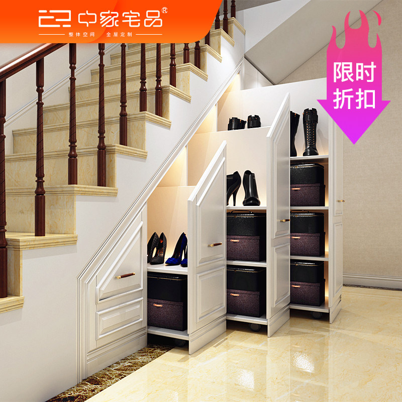 私人定制别墅复式房整体实木楼梯柜欧式烤漆斜角推拉组合柜子新款