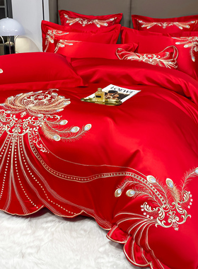 高档结婚床上用品四件套婚庆大红色全棉纯棉床单高级感刺绣被套