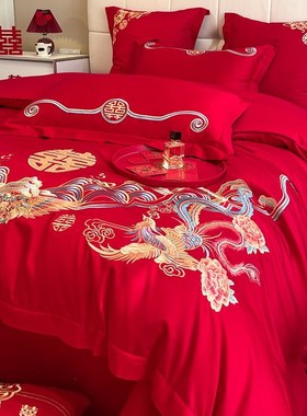 高档中式龙凤刺绣结婚四件套大红色床单被套纯棉喜被婚庆床上用品