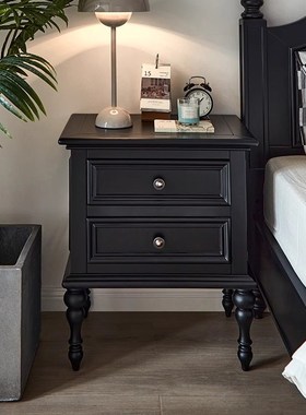 美式实木床头柜卧室床边柜抽屉柜黑色复古床边小型收纳储物柜子