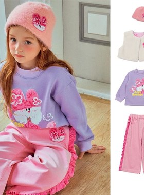 加绒!部分现货!婴儿宝宝女童紫色粉色绒绒兔加绒卫衣裤子套装