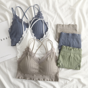 套装 夏季 聚拢小胸罩薄款 少女文胸高中学生内衣裤 黑白色蕾丝抹胸式