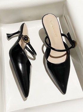 黑色后空软皮包头凉拖鞋女2025年新款尖头细跟高跟鞋外穿通勤单鞋