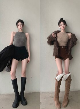 黑色美式辣妹不规则牛仔超短裤女秋季A字高腰包臀显瘦阔腿热裤子