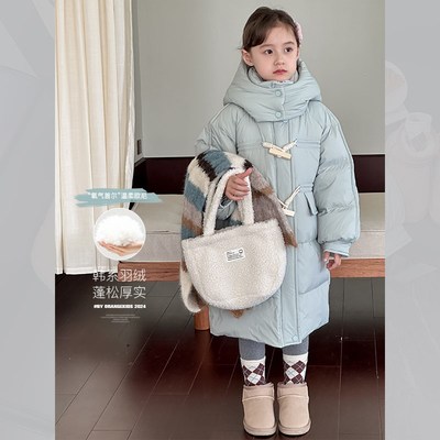 儿童羽绒服2024冬季新款童装女童韩系蓝色中长款加厚羽绒保暖外套