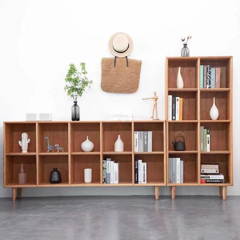 卧式书房书柜客厅小户型落地玩具收纳格北欧樱桃木实木展示置物架