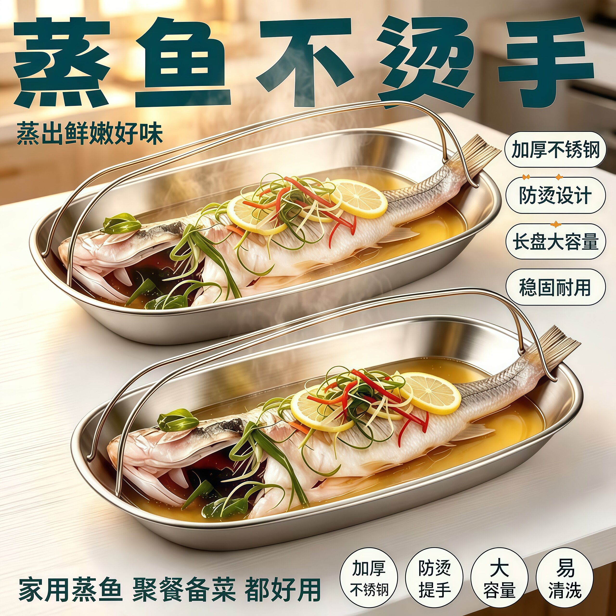 加厚不锈钢方形蒸鱼盘隔热防烫