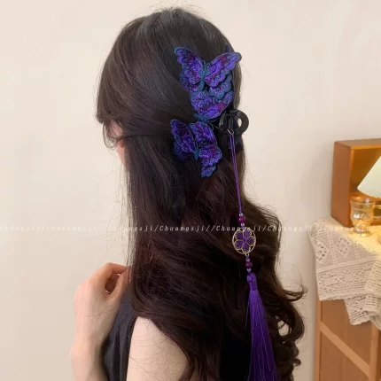 紫蝶中式手工刺绣国风蝴蝶发夹女后脑勺盘发抓夹高级感流苏鲨鱼夹