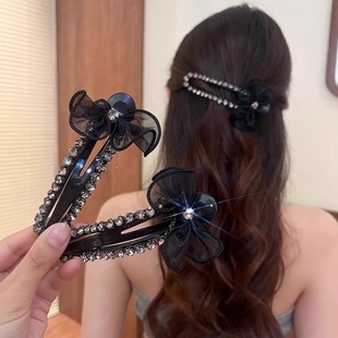 高级感闪钻蕾丝蝴蝶结发夹女后脑勺盘发抓夹鸭嘴夹网红一字夹发卡