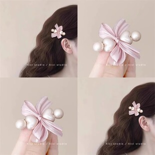 珍珠蝴蝶结发夹侧边边夹甜美少女一字夹鸭嘴夹新款粉色刘海夹发饰