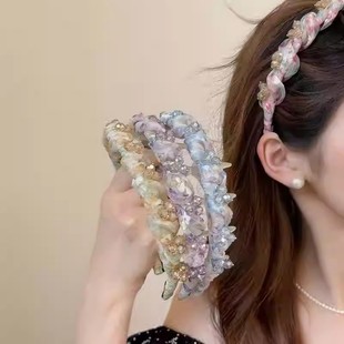 2025新款带齿碎花飘带发箍编发一体式女绑发带高颅顶防滑头箍头饰