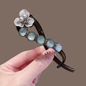 2025新款 水钻一字夹扭扭夹国风三叶花气质轻奢优雅风珍珠扭扭发夹