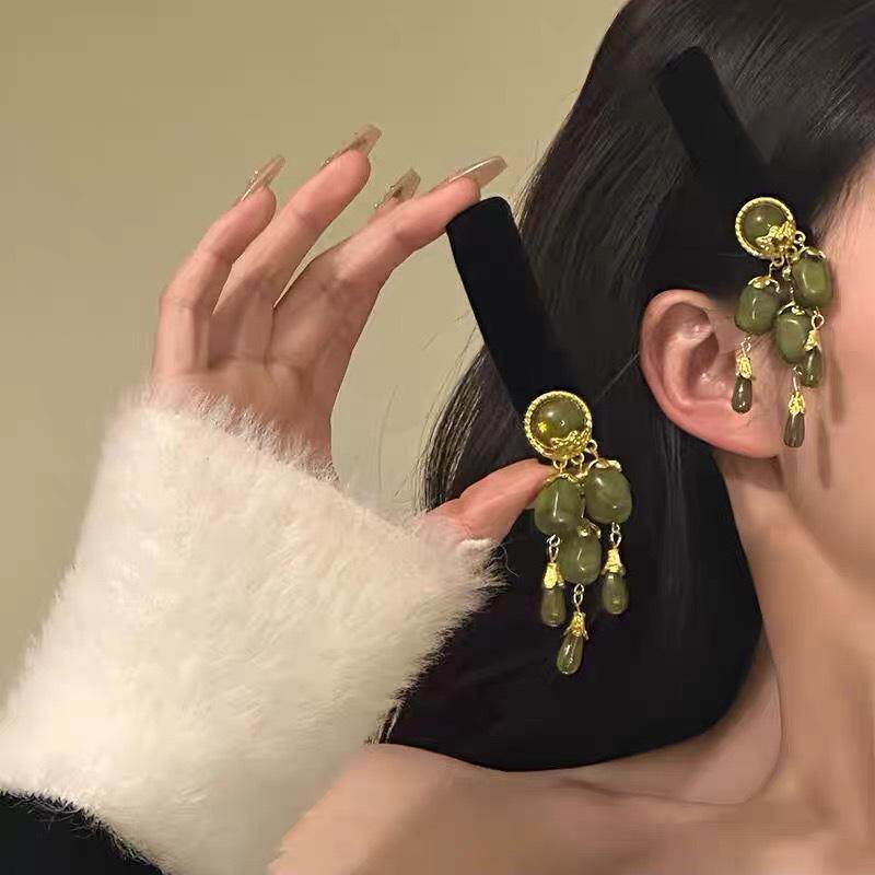 轻奢复古橄榄宝石绿流苏发箍