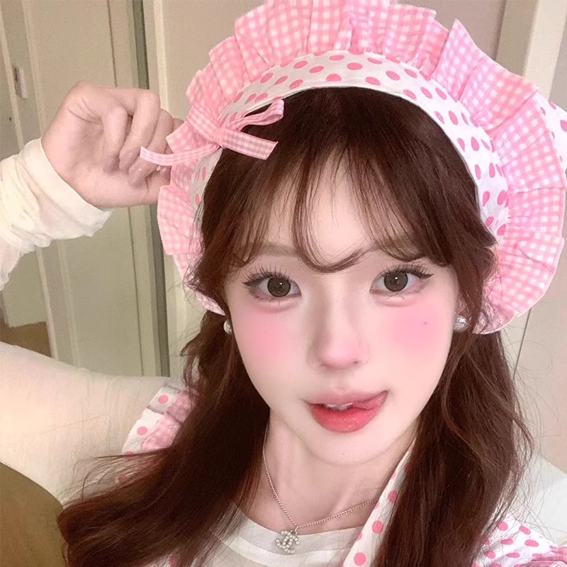 粉红厨娘波点格子花边头巾发夹