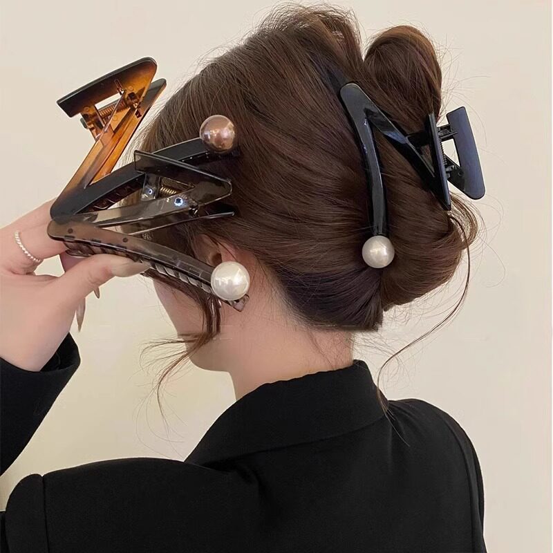 高质量Z字形珠珠抓夹复古小众发夹女新款鲨鱼夹后脑勺盘发夹发饰