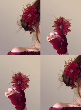 新中式头花国风红色花朵发夹女高级感气质侧边夹子头饰2025新发饰