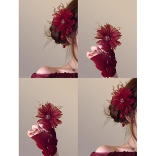 新中式头花国风红色花朵发夹女高级感气质侧边夹子头饰2025新发饰