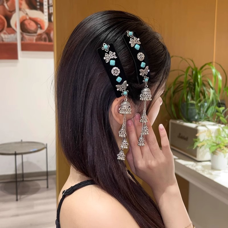 民族风流苏发饰藏族复古蓝松石铃铛刘海夹子蒙古族旅游发夹边夹女