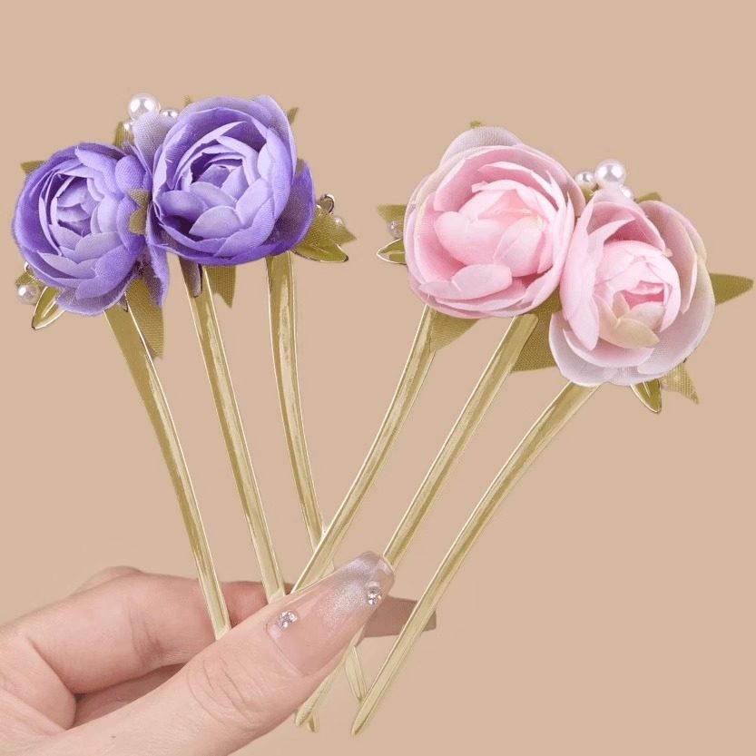 新中式精致簪子牡丹花精致设计三齿盘发古风发簪后脑勺精美盘发簪