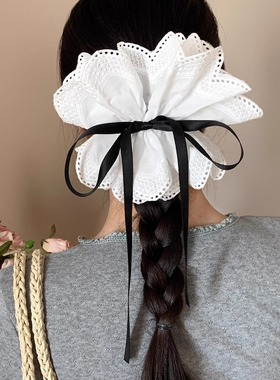 法式白色蕾丝蝴蝶结马尾抓夹发夹女高级感后脑勺盘发鲨鱼夹子头饰