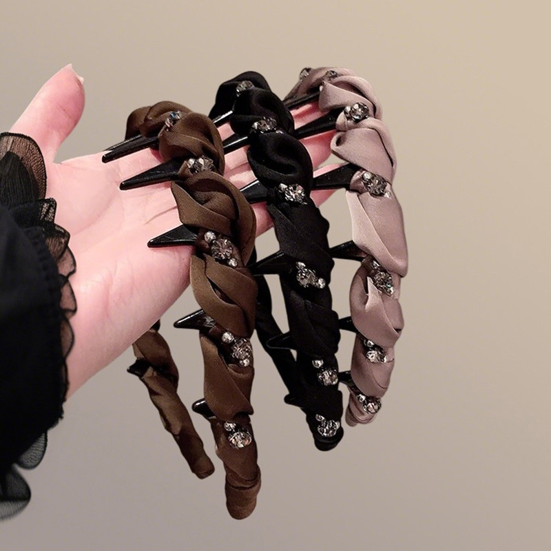 2025新款韩版缎面水晶麻花辫子发箍复古气质洗脸压发卡带齿防滑女
