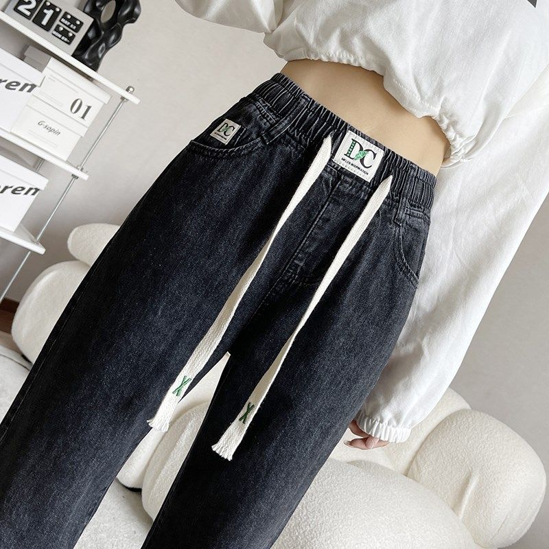 松紧腰牛仔裤女宽松直筒春秋小个子高腰休闲阔腿裤春季学生裤子女