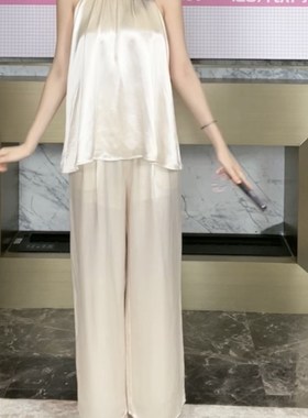 wop夏季气质高级感挂脖无袖上衣 shon白色阔腿裤套装女