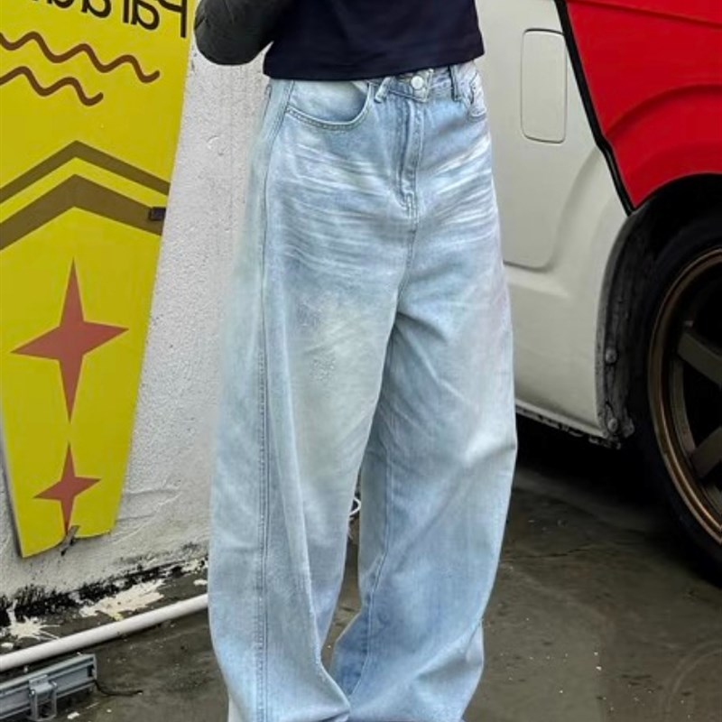 美式vibe大码复古水洗做旧宽松直筒牛仔裤男女街头裤脚割破阔腿裤